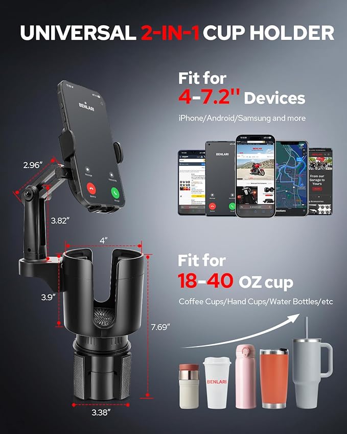 Benlari Upgraded Car Phone Holder - 2 in 1 Adjustable Cup Holder Expander Support 360° Degree Rotation - Car Cup Holder Phone Mount Compatible with All Smartphones