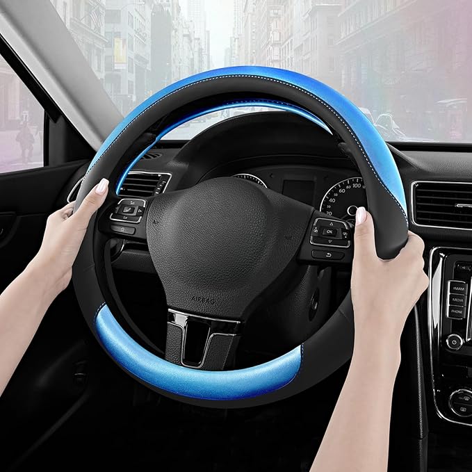 Road Comforts Steering Wheel Cover – Breathable Leather Steering Wheel Cover, Anti-Slip Grip, Universal Fit 14.5” to 15”, Hea