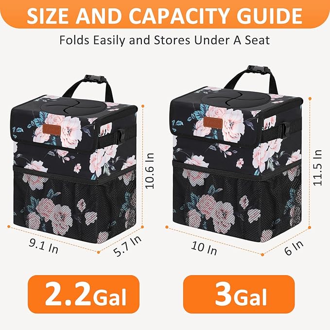 3 Gallons Car Trash Can with Lid, Car Bag Bin Hanging Waterproof Automotive Garbage Cans Leak Proof Vehicle Trash Can Black Floral