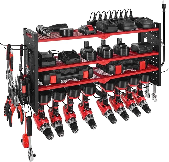 VEVOR Power Tool Organizer with Charging Station, 4-Layer Drill Storage Rack with 8 Drill Holders & Side Pegboard, Garage Too