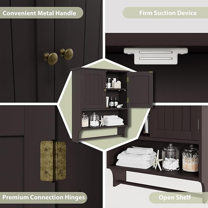 Smuxee Brown Wall Cabinet with Towel Bar - Medicine Cabinet with Adjustable Shelves, Over Toilet Cabinet for Laundry Room