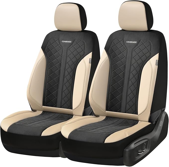 Coverado Front Seat Covers, Beige Seat Covers 2 Seats, Leather Car Protectors 2-Pack, Auto Seat Covers Spill-Proof Design Uni