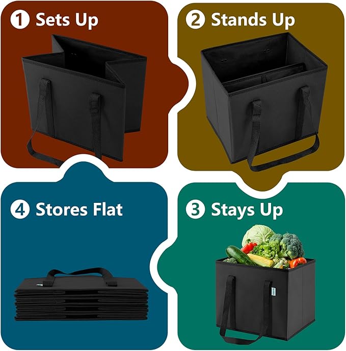 Reusable Grocery Bags Foldable 4-Pk, Heavy Duty Large Reusable Shopping Bags with Handles, Collapsible Tote