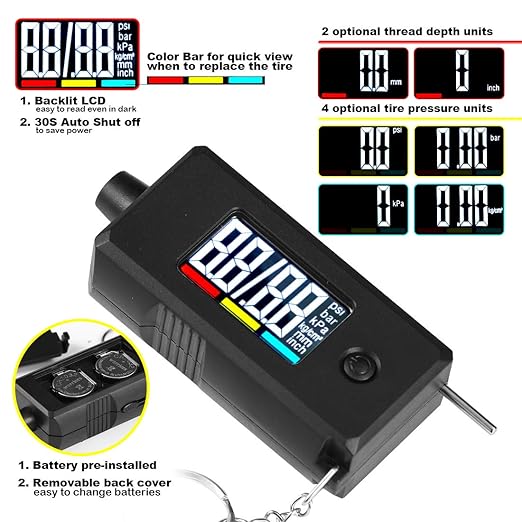 CZC AUTO Digital Tire Pressure Gauge Reader Checker 2 in 1 Accurate Digital PSI Tire Gauge with Tread Depth Gauge Backlit LCD for Car Truck Bicycle Motorcycle, Non-Slip Grip, 0-100 PSI