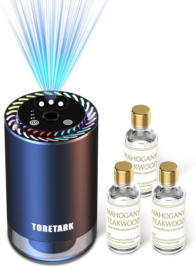 Smart Car Air Freshener with Star Light & 150ml Diffusers Oil Refills, Auto On/Off Aroma Diffuser, 3 Adjustable Modes Recharg