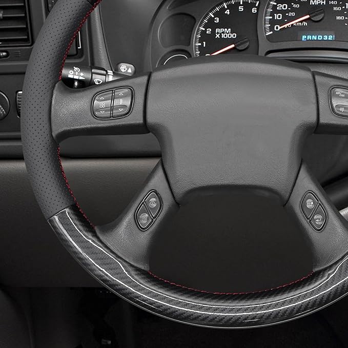 MEWANT Hand Stitch Steering Wheel Cover for Chevy Silverado 1500 2003-2006 Carbon Fiber Faux Leather Steering Wheel Wrap