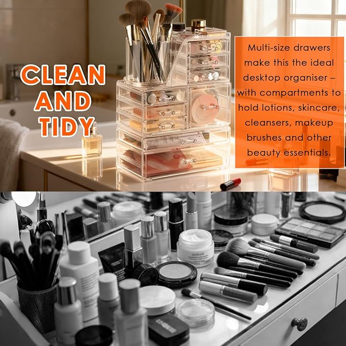 OTYMIOW 3 Tier Clear Acrylic Makeup Organizer Countertop with Brush Holder and 9 Drawers, Bathrooms, Stackable Large Makeup O