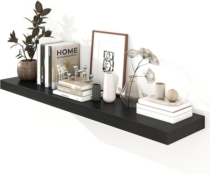 12 Inch Deep Floating Shelves | 55 Inch Black Floating Shelves | 55" W x 12" D Rustic Wood Shelves for Wall | Deep Black Shel