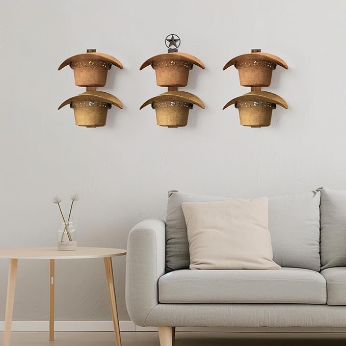 Cowboy Hat Rack for Wall – 3-Piece Western Hat Holder, Rustic Wooden & Metal Wall Mounted Cowboy Hat Organizer, Holds up to 6