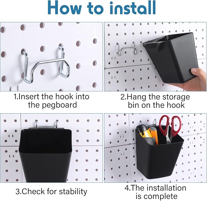 Namalu 12 Pack Peg Board Storage Bins with Labels and Hooks Square Box Shape Pegboard Cup Holder Accessories Pegboard Organiz