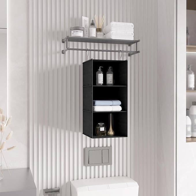 Hanging Closet Organizer - 3-Shelf, Easy Mount Foldable Wardrobe Storage Shelves for Clothes, Handbags, Shoes & Accessories -