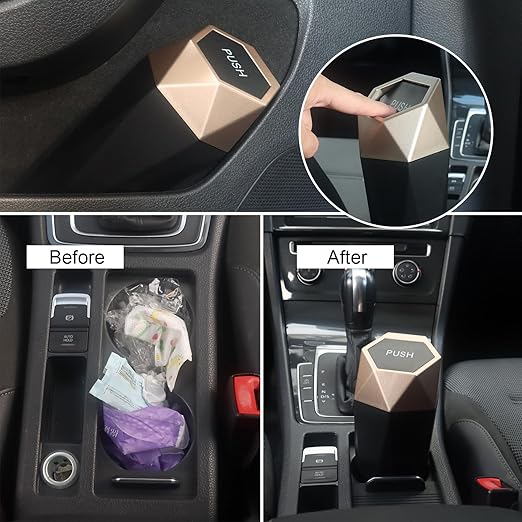 Car Trash Can Bin,Small Garbage Can with Lid,Automotive Cup Holder Mini Cars Trashcan,Portable Cute Cars Door Trash Cans,Women Car Dustbin (2Pcs, Gold)