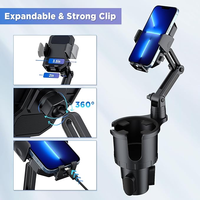 OUTXE Car Cup Holder Expander+Phone Mount, Adjustable Large Cupholder Extender Extra Expandable Drink Adapter Universal for A