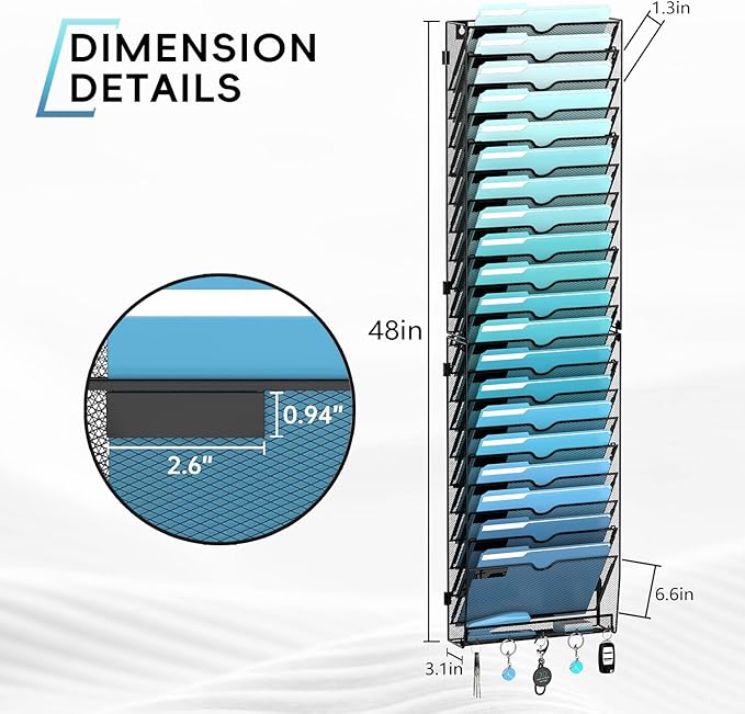 21-Tier Hanging Wall File Organizer with 5 Hooks, Wall File Holder with Labels, Vertical Wall Mount Mail Organizer for Papers