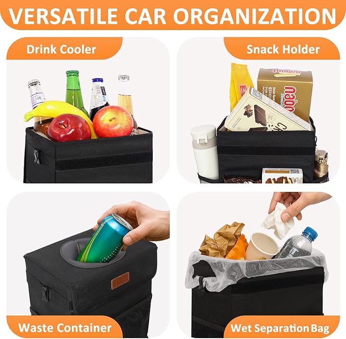 3 Gallons Car Trash Can with Lid, Bag Bin Hanging Waterproof Automotive Car Garbage Cans Leak Proof Vehicle Trash Can Black