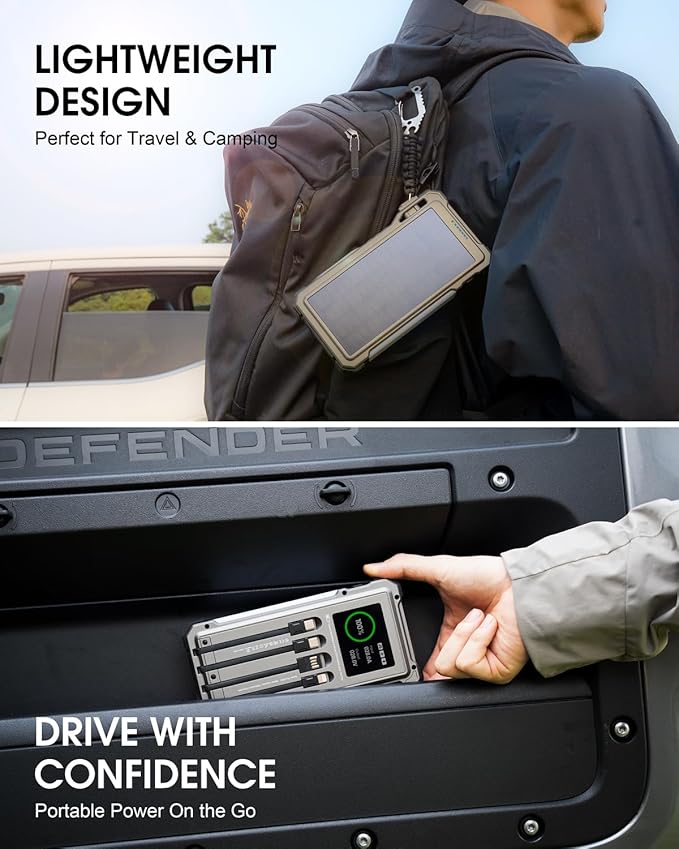 Solar Power Bank 44400 mWH, 45W Fast Charging with 4 Built-in Cables & Car Battery Jumper Starter Portable, 12V Battery