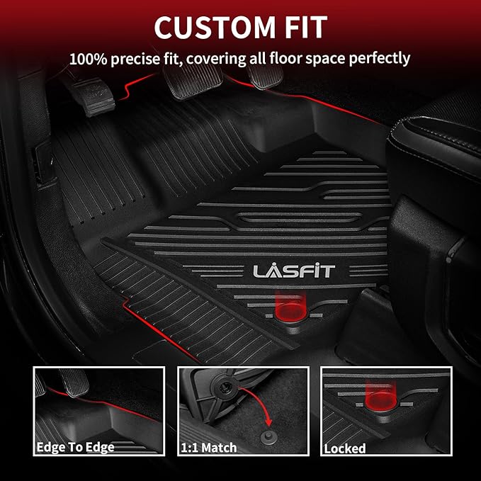 LASFIT Floor Mats for Ford F-150 2021-2026 | F150 Lightning 2022-2025 SuperCrew (Rear w/Fold Flat Storage) Carpet Floor All Weather Car Liners TPE Truck Mats - 1st and 2nd Row, 3pcs Black
