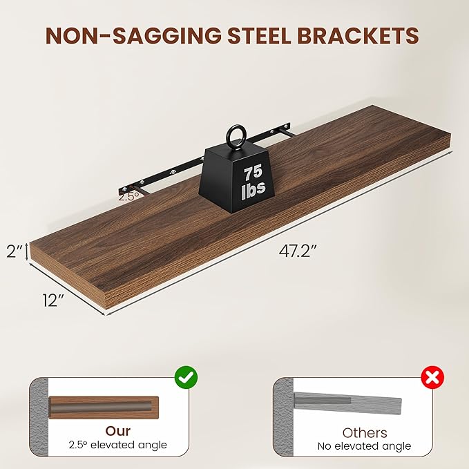 Vivelove Wide Floating Shelves for Wall 12 Inch Deep, 47.2" X 12" X 2" Floating Shelf, 2 Inch Thick Shelf for Living Room Bat