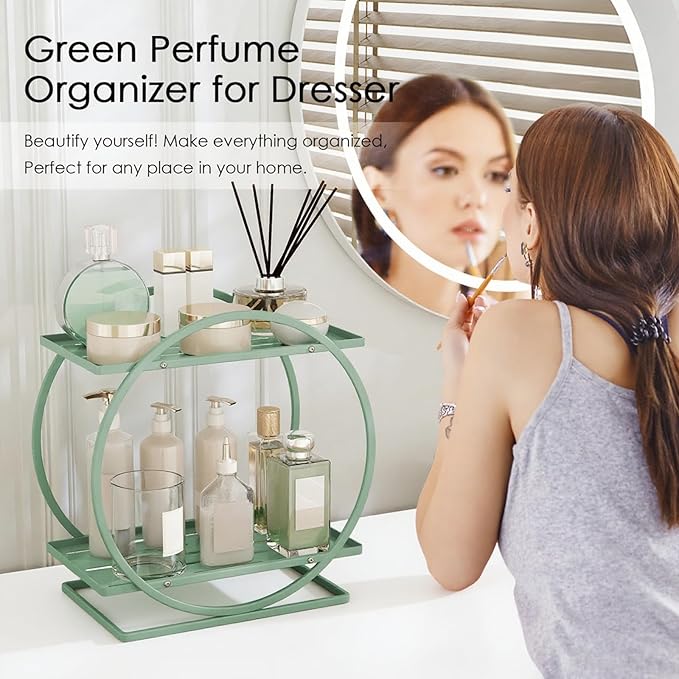 Green Perfume Organizer for Dresser, 2-Tier Bathroom Counter Organizers, Elegant Round Makeup Organizer for Vanity, Versatile