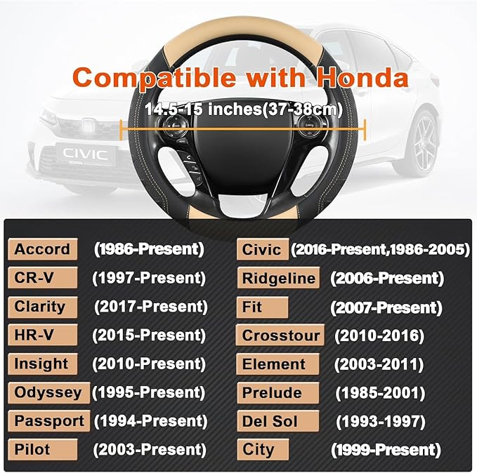 GIANT PANDA Microfiber Leather Steering Wheel Cover for Honda Accord,Civic,CR-V,HR-V,Pilot(Black+Beige-Standard Size)