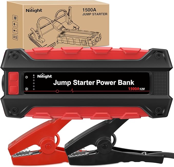 Nilight 1500A Car Battery Jump Starter for Up to 7.0L Gas & 5.5L Diesel Engines 12V Portable Jump Start Booster Pack Jump Box with Jumper Cables DC Output and LED Light