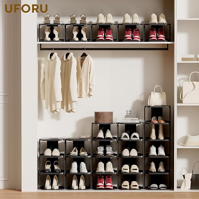 Vertical Shoe Rack, 9-Tier Plastic Stackable Storage Shelf for Small Closets and Narrow Spaces, Compact Free Standing Shoe Ra