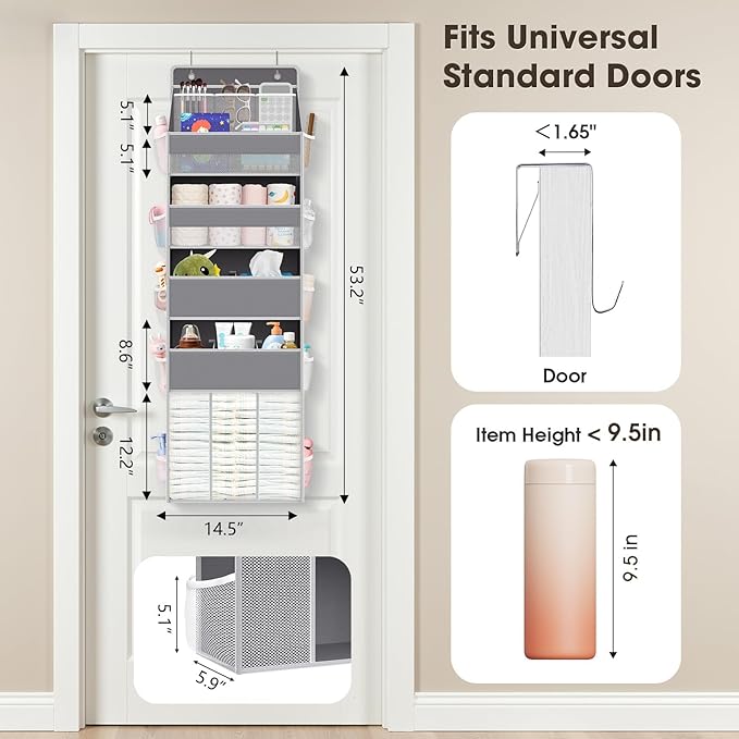 WISELIFE 5-Tier Over the Door Organizer for Hanging - 50LB Heavy-Duty Back of Door Organizer with 5 Spacious Pockets & 13 Mes