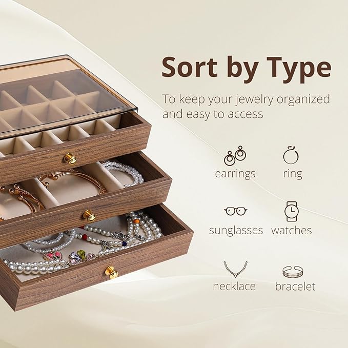 3 Layer Wooden Drawers Jewelry Box Vintage Style Jewelry Organizer with Acrylic Cover, Jewelry Storage Display Box for Ring E