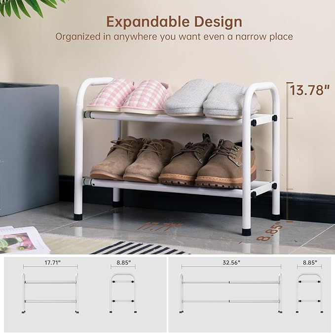 Gonfoam 2-Tier Expandable Shoe Rack,Adjustable Shoe Shelf Storage Organizer Heavy Duty Metal Free Standing Shoe Rack for Entr