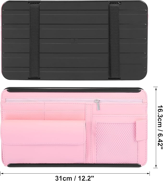 X AUTOHAUX Pink Universal Car Sun Visor Organizer Sunglasses Case Storage Pocket Hook and Loop Tape ABS PU Leather for SUV RV Truck