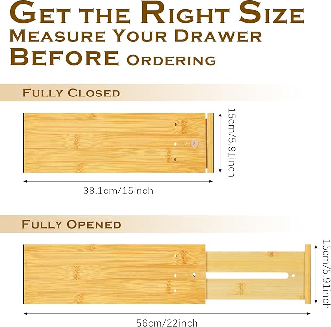 4 Pcs Deep Bamboo Drawer Dividers, Deep Kitchen Dresser Drawer Organizer with Spring Loaded for Clothes, Adjustable Expandabl