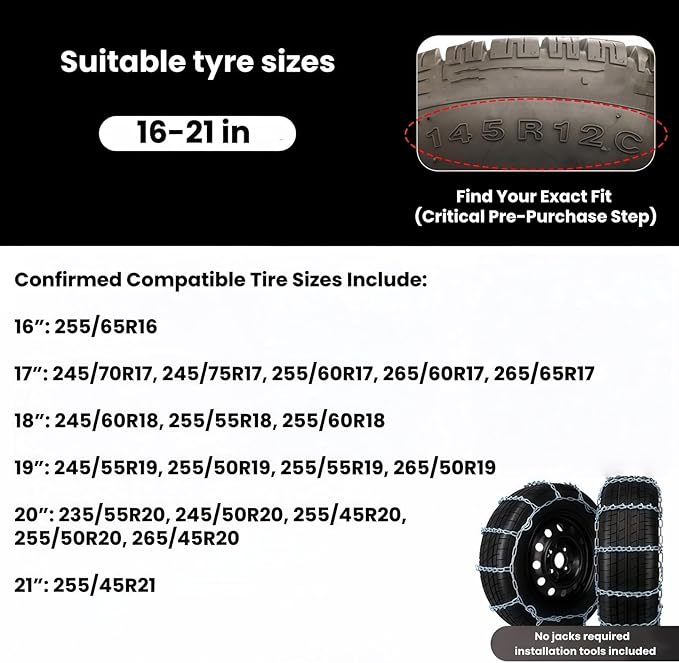 Super Grip V-Bar Ice & Snow Chains 2 Pack for Cars & SUVs - 16" to 21" Tire Anti-Slip Ice & Snow Traction, Easy Installation 