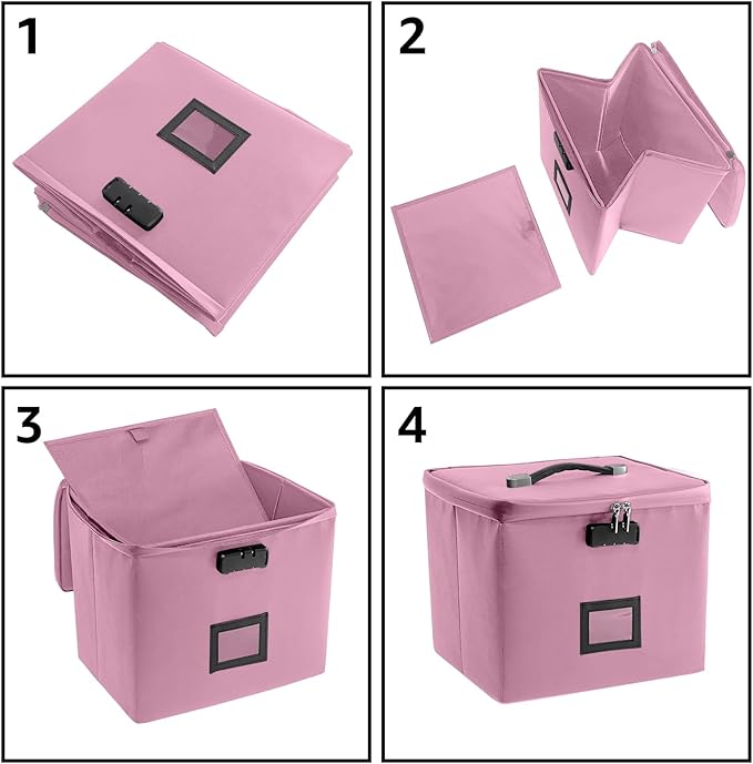 Pink Fire Proof File Box for Documents - Portable Fireproof Document Organizer Box with Handle Waterproof Safe Locking Folder