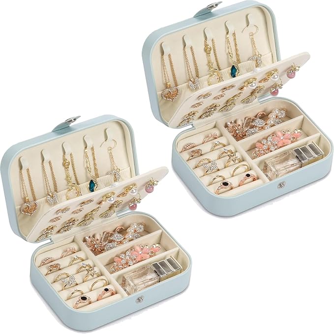 Travel Jewelry Box, PU leather Small Jewelry Organizer For Female Girls, double layer portable mini travel case for storing e