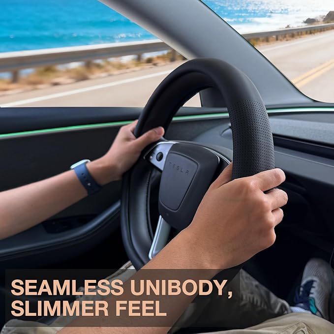 PINCTROT Nappa Leather Steering Wheel Cover for Tesla Model Y/3 Highland/Juniper, D Shaped 14 Inch Small Sized with Breathabl