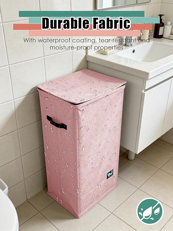 WTREE Laundry Hamper with Lid, Reinforced Sturdy Clothes Hamper with Anti-Puncture Base, Large Collapsible Laundry Basket wit