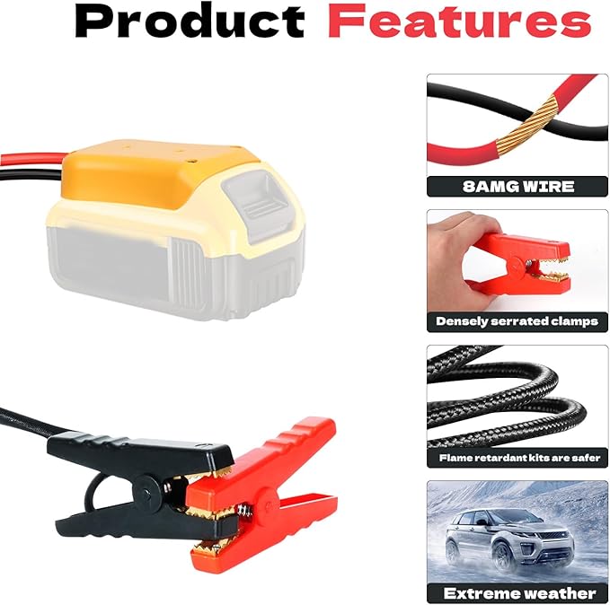 Jumper Cables with Adapter for Dewalt 20V Battery, 1.9FT 8AWG Portable Battery Dewalt Jumper Starter Automotive Booster