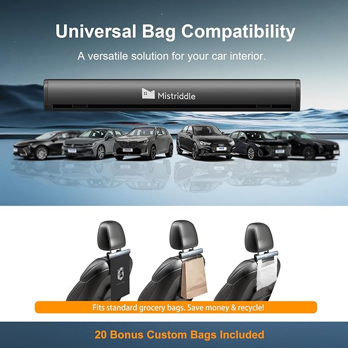 Headrest Hanging Car Trash Bag Holder - Aluminum Alloy with 25 Disposable Trash Bags, 2 Headrest Hooks, Compact Car Garbage Bin for Back Seat, Office, Travel & Camping (Black)