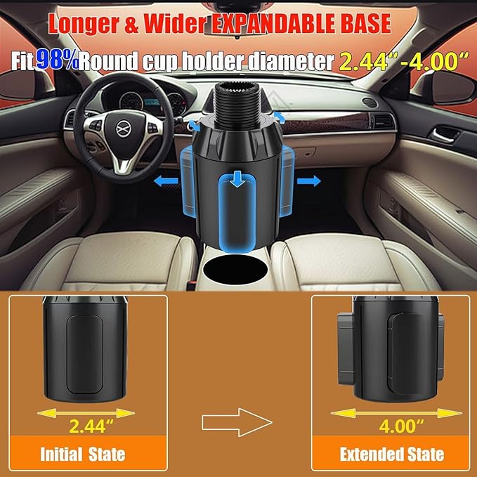 Car Cup Holder Expander, Adjustable 2-in-1 Vehicle Drink Holder Organizer with Non-Slip Base, Universal Fit for Cars, SUVs, T
