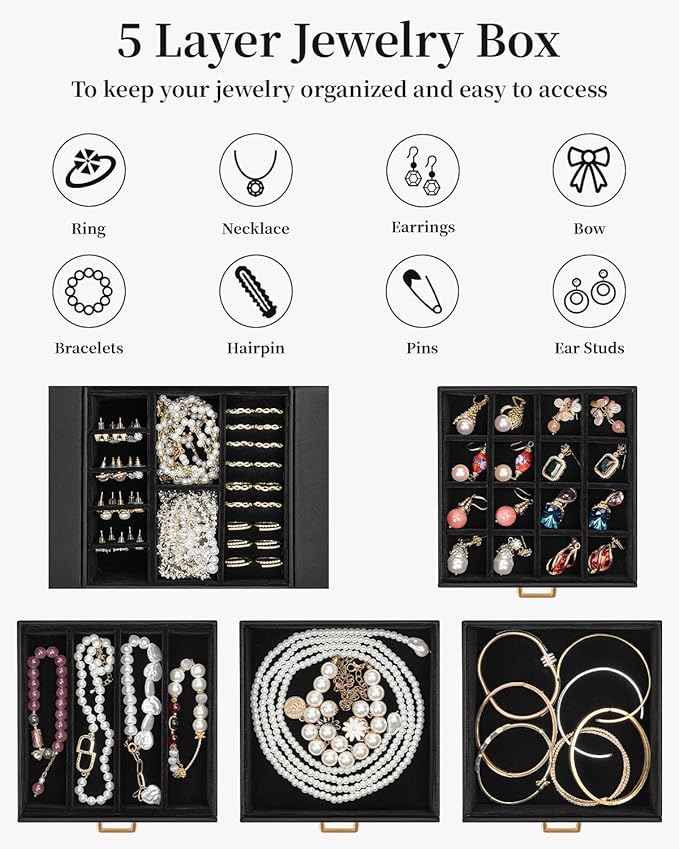 TORIBIO Jewelry Box for Women, Leather Jewelry Organizer with Mirror & Lock, 5-Tier Jewelry Storage Organizer with 4 Drawers 