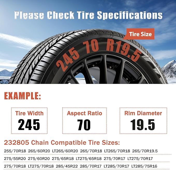 232805 Adjustable Snow Tire Chains for Light Truck, SUV, Cars, Pickups, 2 Pack Anti-slip Snow Chains for Pickup Trucks Winter