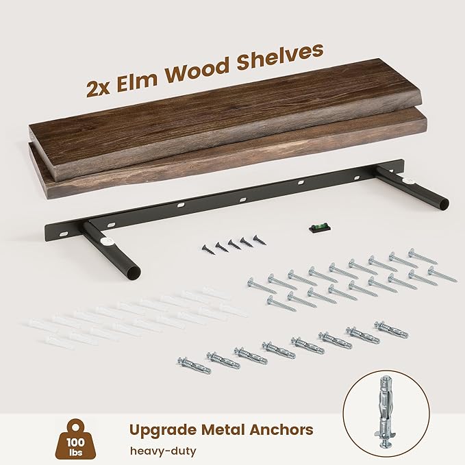 Live Edge Elm Floating Shelves for Wall Decor, Rustic Solid Wood Shevles Wall Mounted with Invisible Bracket for Living Room 