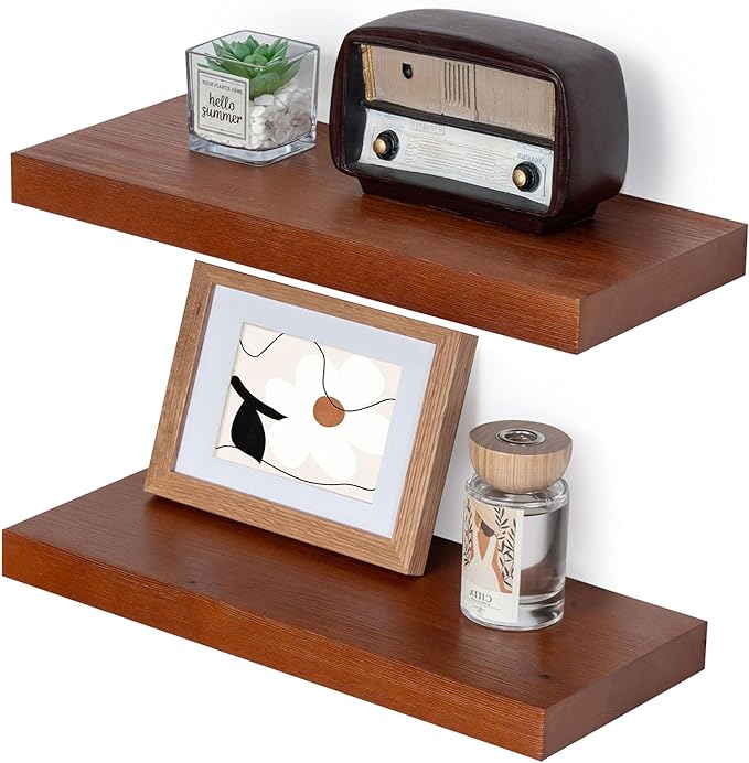 Marsmiles Wood Floating Shelves | Rustic Mahogany Wood Wall Shelves Set of 2 | 16" W x 6.7" D Wooden Floating Shelves for Bat