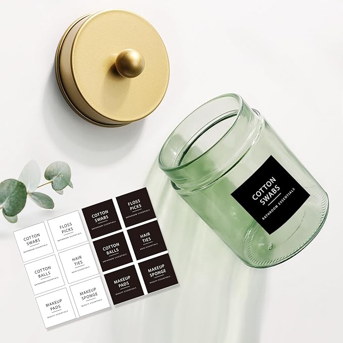 Amolliar Sage Green Apothecary Glass Jar With Metal Lid & Stickers, Bathroom Qtip Holder Storage Canister, Farmhouse Decor fo