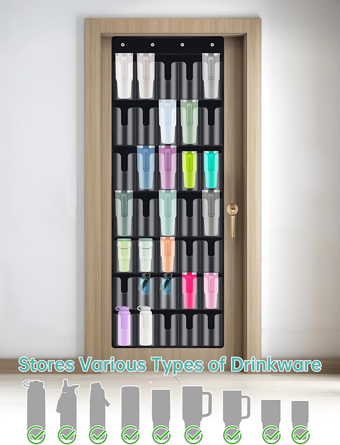 NiHome 35-Pocket Large Capacity Door Cup Organizer for Stanley Tumblers 30oz, 40oz, Door Hanging Water Bottle Storage with Do