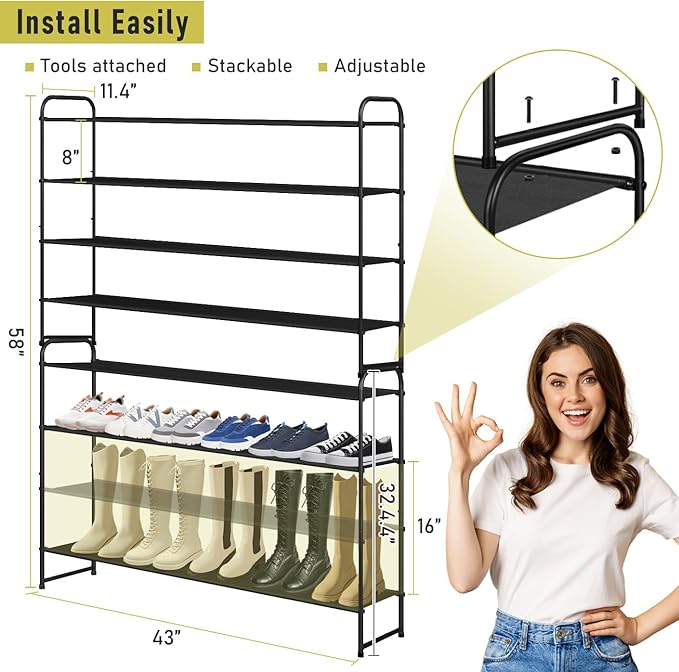 MISSLO 4 Tier Long Shoe Organizer for Closet Shoe Rack for Bedroom Closet Floor Shoe Shelf for Entryway Storage Stackable Wid