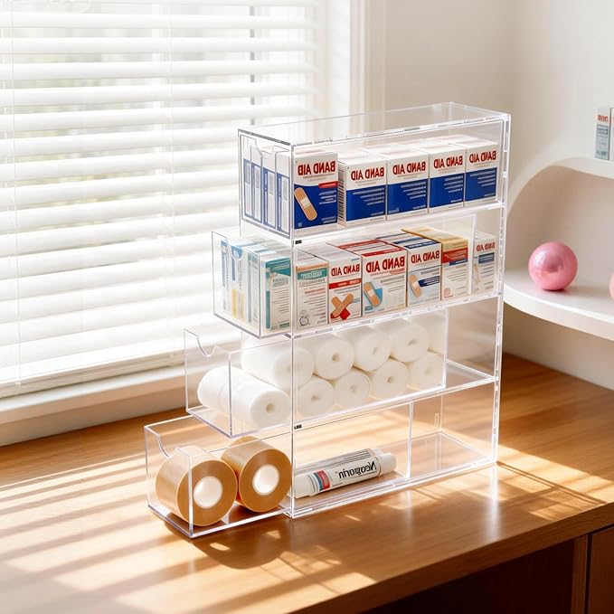 2 Pack Bandage Organizer with Lid, Acrylic Bandaid Holder with 4 Clear Drawers Band Aid Storage Container for Home Office Dra