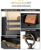 Rebee Vision Decorative Key Holder Wall Mount with 2 Drawer Organizer - Modern Mail Organizer with 6 Key Hooks & Shelf - Home