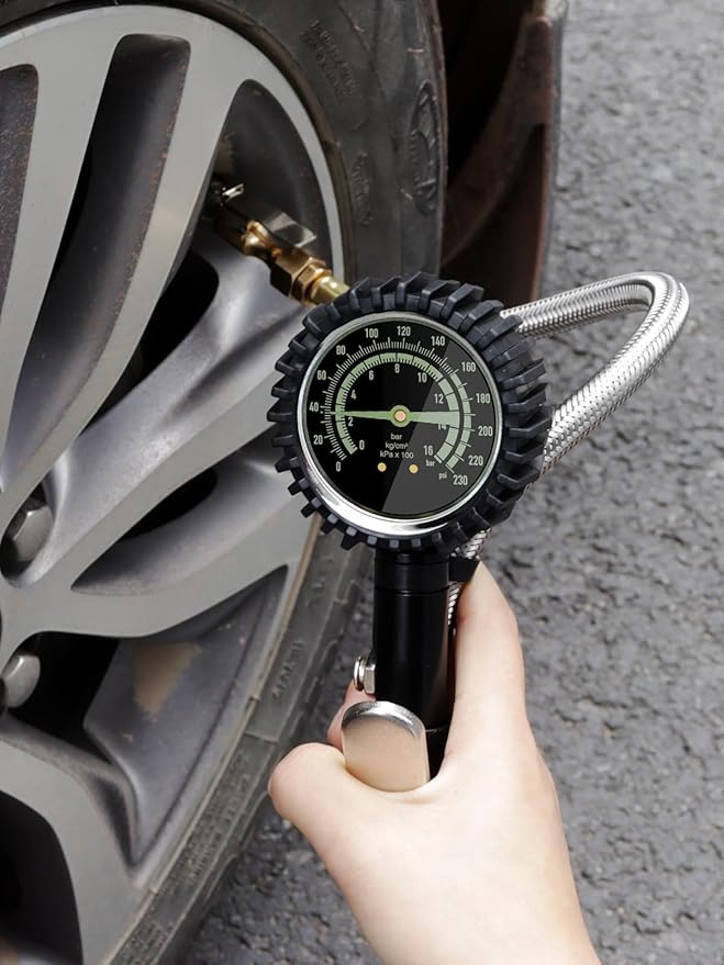 AZUNO Heavy Duty Tire Pressure Gauge, Tire Inflator Gauge 230PSI Air Chuck Air Compressor Attachments, with Steel Braided Hose, Large 2.6" Glow Dial & Quick Connect Coupler, for Truck/Car/SUV/RV/Bike