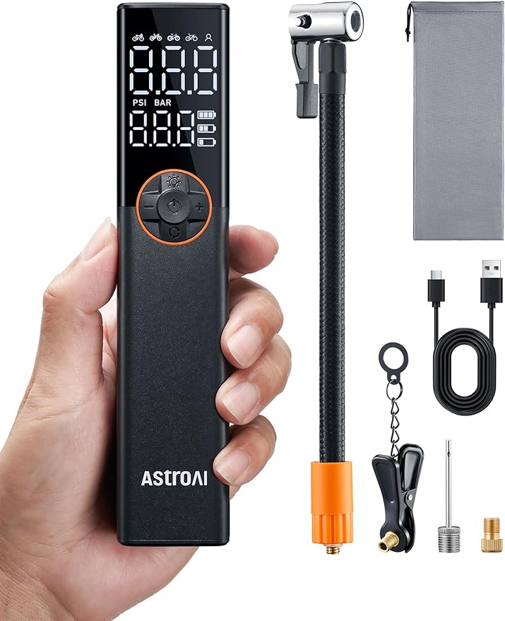 AstroAI L8 Electric Bike Pump, Portable Bicycle Tire Inflator with Pressure Gauge and Auto Shut-Off, 150 PSI Powerful Motor Mini Air Pump for Road, Mountain & E-Bike with Presta and Schrader Valves
